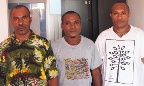 West Papuan student activists Rofinus Yanggam (left), Yuvensius Goo and Markus Jerewon (right) left the Australian consulate in Bali Sunday. Image: Marni Cordell